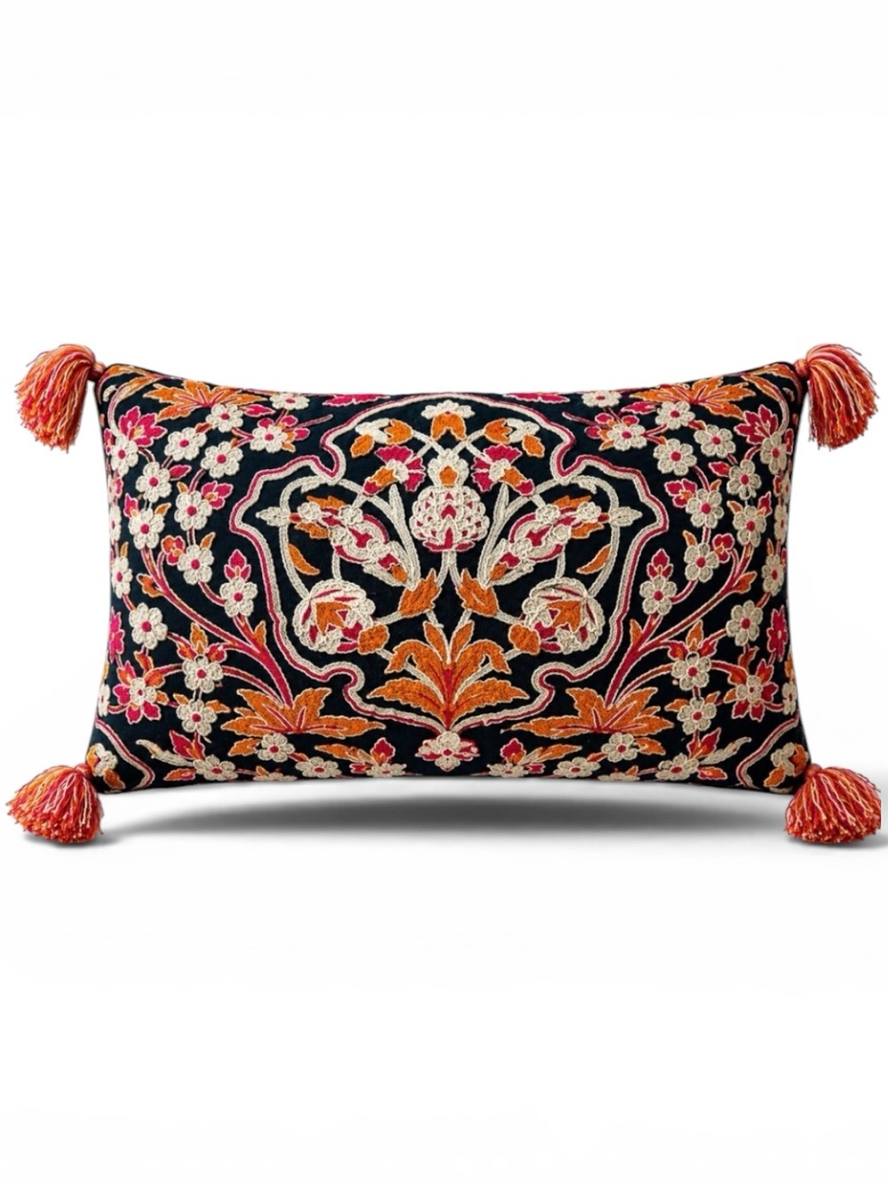 Envogue Navy Blue Orange & Cream Embroidered Accent Pillow Down Fill Tassels